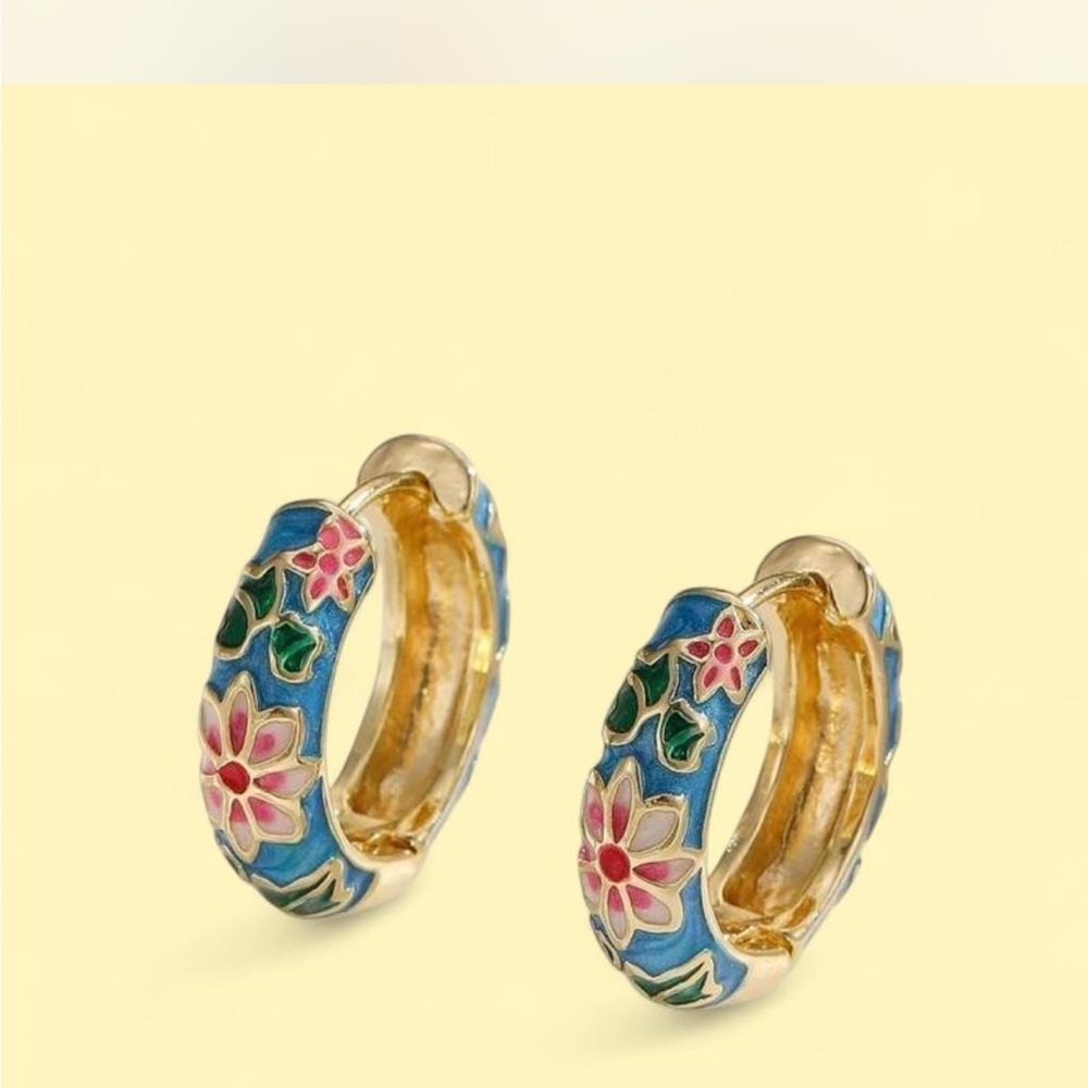 Gold-Tone Blue Floral Enamel Hoop Earrings - Women's Jewelry